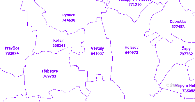 Katastrální mapa Všetuly - přehledová mapa katastrálního území