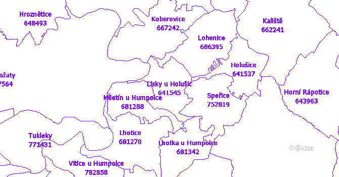 Katastrální mapa Lísky u Holušic - přehledová mapa katastrálního území