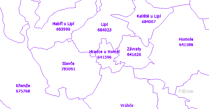 Katastrální mapa Hradce u Homol - přehledová mapa katastrálního území