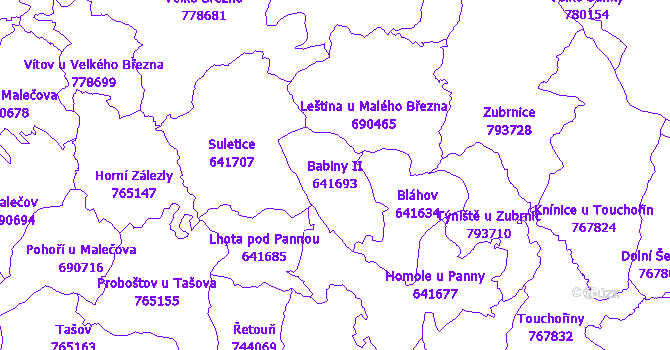Katastrální mapa Babiny II - přehledová mapa katastrálního území