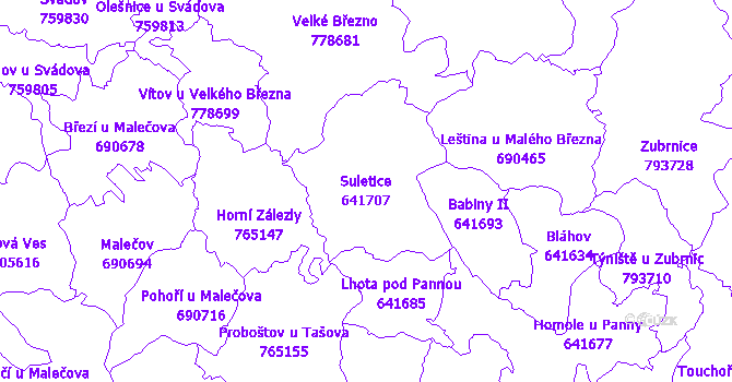 Katastrální mapa Suletice - přehledová mapa katastrálního území