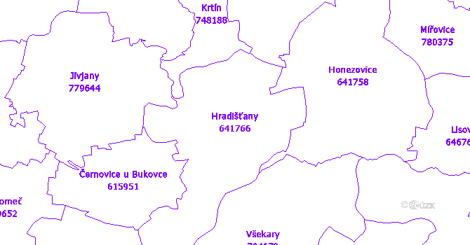 Katastrální mapa Hradišťany - přehledová mapa katastrálního území