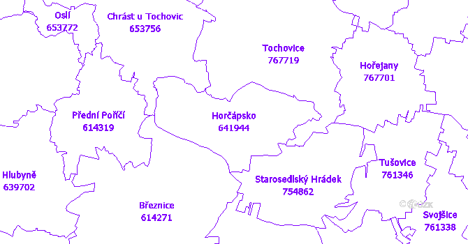 Katastrální mapa Horčápsko - přehledová mapa katastrálního území