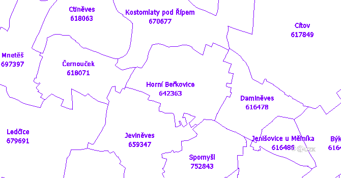 Katastrální mapa Horní Beřkovice - přehledová mapa katastrálního území