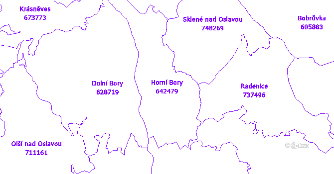 Katastrální mapa Horní Bory - přehledová mapa katastrálního území