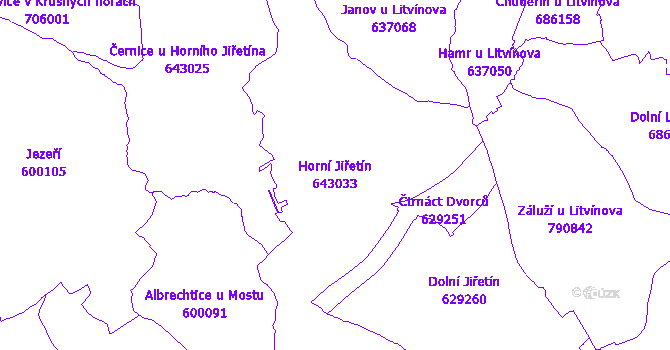 Katastrální mapa Horní Jiřetín - přehledová mapa katastrálního území
