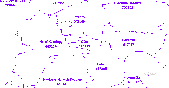 Katastrální mapa Očín - přehledová mapa katastrálního území