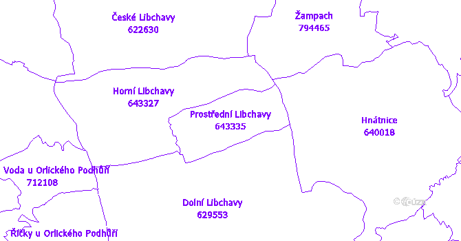 Katastrální mapa Prostřední Libchavy - přehledová mapa katastrálního území