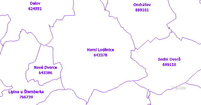 Katastrální mapa Horní Loděnice - přehledová mapa katastrálního území