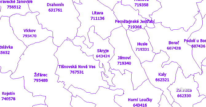 Katastrální mapa Skryje - přehledová mapa katastrálního území