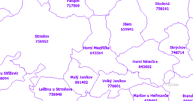 Katastrální mapa Horní Meziříčko - přehledová mapa katastrálního území