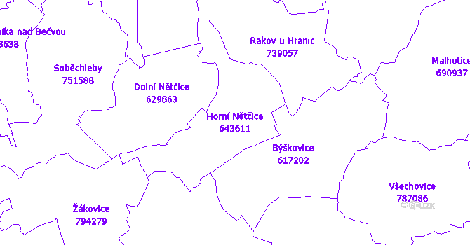 Katastrální mapa Horní Nětčice - přehledová mapa katastrálního území