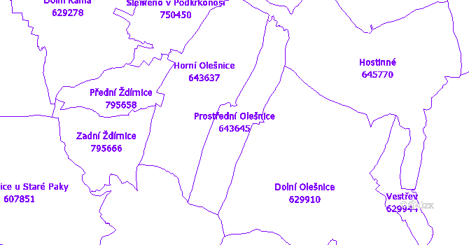 Katastrální mapa Prostřední Olešnice - přehledová mapa katastrálního území