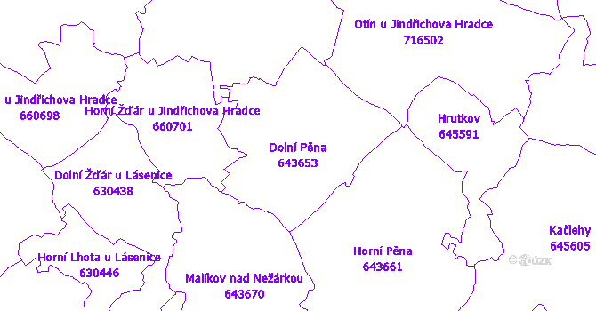 Katastrální mapa Dolní Pěna - přehledová mapa katastrálního území