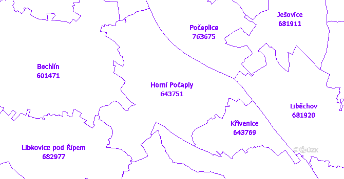 Katastrální mapa Horní Počaply - přehledová mapa katastrálního území