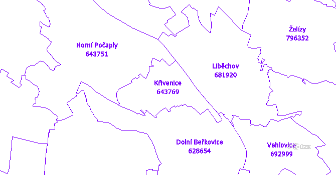 Katastrální mapa Křivenice - přehledová mapa katastrálního území