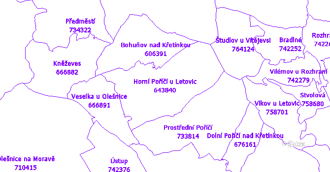 Katastrální mapa Horní Poříčí u Letovic - přehledová mapa katastrálního území