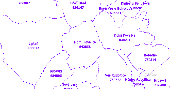 Katastrální mapa Horní Povelice - přehledová mapa katastrálního území