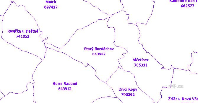 Katastrální mapa Starý Bozděchov - přehledová mapa katastrálního území