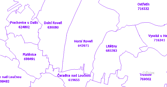 Katastrální mapa Horní Roveň - přehledová mapa katastrálního území