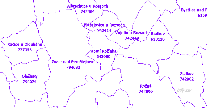 Katastrální mapa Horní Rožínka - přehledová mapa katastrálního území