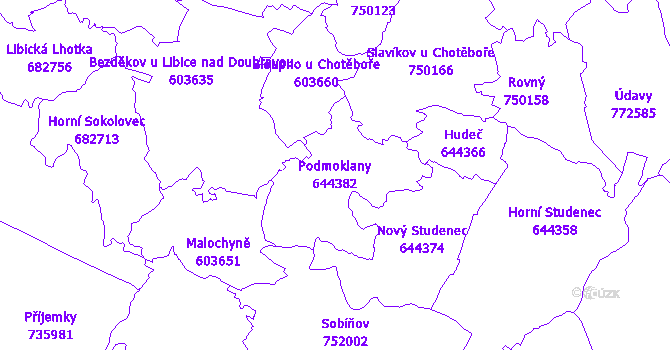 Katastrální mapa Podmoklany - přehledová mapa katastrálního území