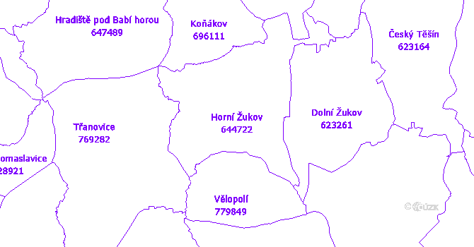 Katastrální mapa Horní Žukov - přehledová mapa katastrálního území