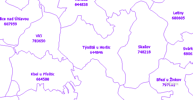 Katastrální mapa Týniště u Horšic - přehledová mapa katastrálního území