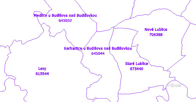 Katastrální mapa Kerhartice u Budišova nad Budišovkou - přehledová mapa katastrálního území