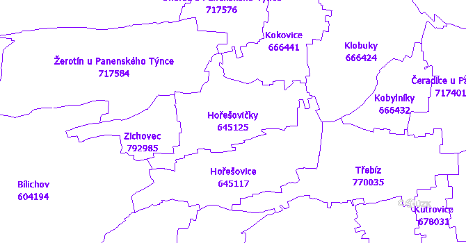 Katastrální mapa Hořešovičky - přehledová mapa katastrálního území