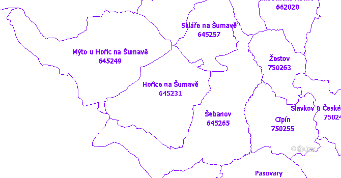 Katastrální mapa Hořice na Šumavě - přehledová mapa katastrálního území