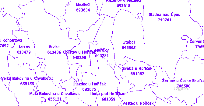 Katastrální mapa Hořičky - přehledová mapa katastrálního území