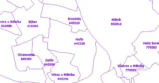 Katastrální mapa Hořín - přehledová mapa katastrálního území