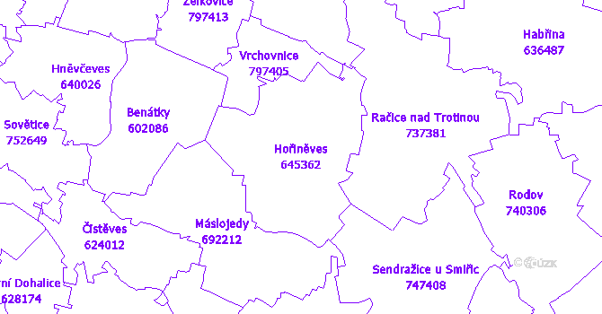 Katastrální mapa Hořiněves - přehledová mapa katastrálního území