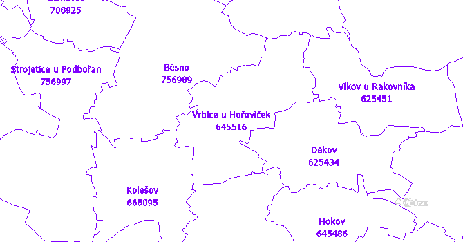 Katastrální mapa Vrbice u Hořoviček - přehledová mapa katastrálního území