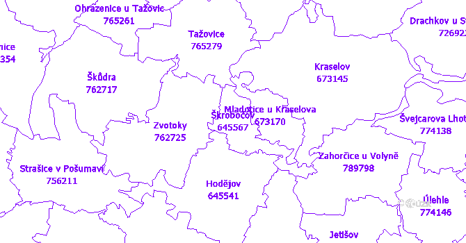 Katastrální mapa Škrobočov - přehledová mapa katastrálního území