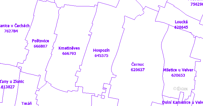 Katastrální mapa Hospozín - přehledová mapa katastrálního území