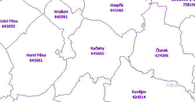 Katastrální mapa Kačlehy - přehledová mapa katastrálního území