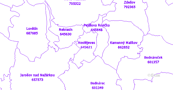 Katastrální mapa Hostějeves - přehledová mapa katastrálního území
