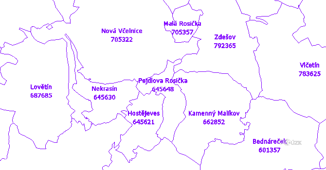 Katastrální mapa Pejdlova Rosička - přehledová mapa katastrálního území