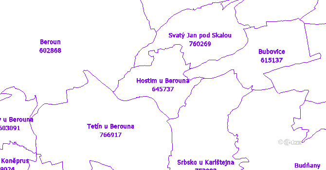 Katastrální mapa Hostim u Berouna - přehledová mapa katastrálního území