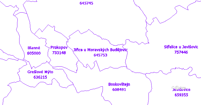 Katastrální mapa Jiřice u Moravských Budějovic - přehledová mapa katastrálního území
