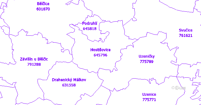 Katastrální mapa Hostišovice - přehledová mapa katastrálního území