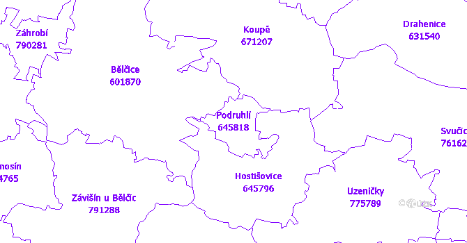 Katastrální mapa Podruhlí - přehledová mapa katastrálního území