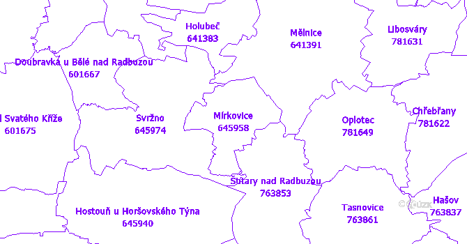 Katastrální mapa Mírkovice - přehledová mapa katastrálního území
