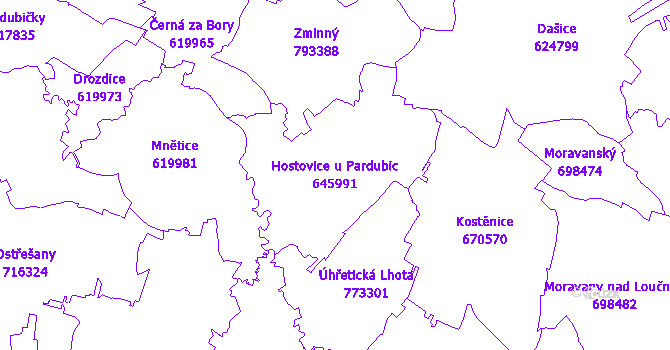 Katastrální mapa Hostovice u Pardubic - přehledová mapa katastrálního území