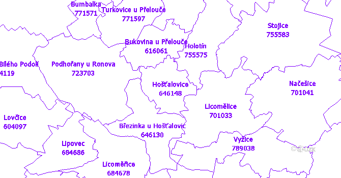 Katastrální mapa Hošťalovice - přehledová mapa katastrálního území