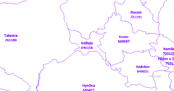 Katastrální mapa Hoštejn - přehledová mapa katastrálního území