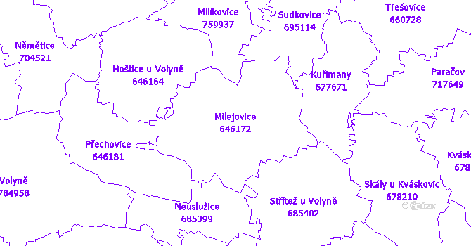 Katastrální mapa Milejovice - přehledová mapa katastrálního území