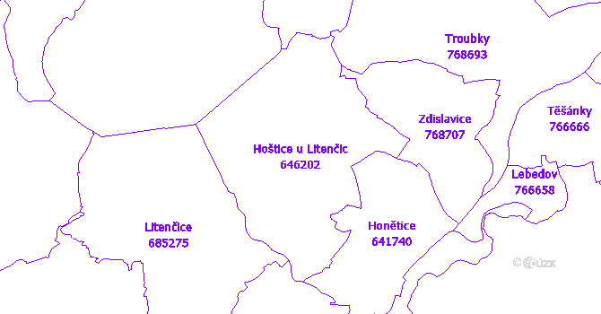 Katastrální mapa Hoštice u Litenčic - přehledová mapa katastrálního území